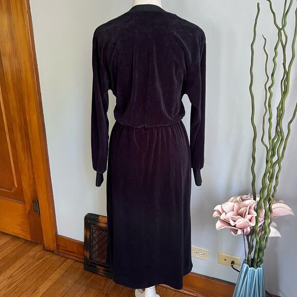 Trolley Car Velour Dress Long Sleeve V‎ Neck Size Small Black Vintage 70s Union - Picture 2 of 8